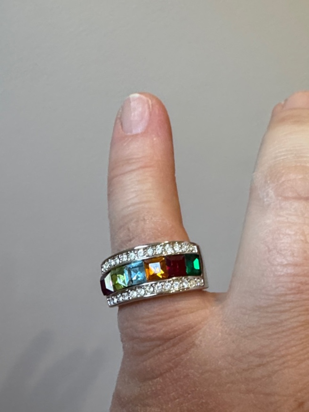 Multi-Gemstone Silver Band Ring with Clear Accents - Multicolor